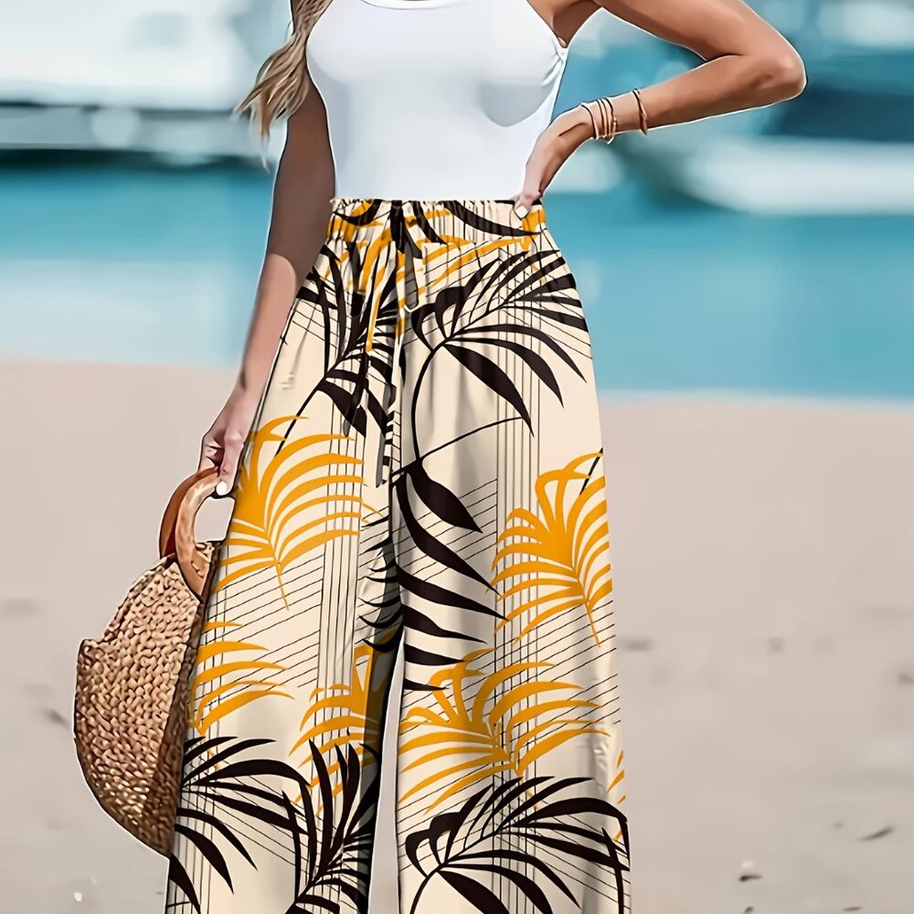 Women’s Tropical Palm Leaf Wide-Leg Pants – Size L - Picture 4 of 6